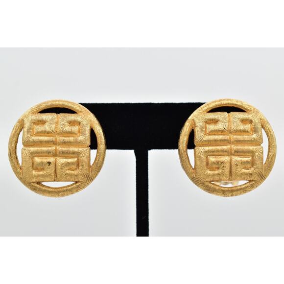 Givenchy Vintage 4G Logo Clip On Earrings Brushed Gold Chunky Signed 1980s BinAE - Picture 1 of 16